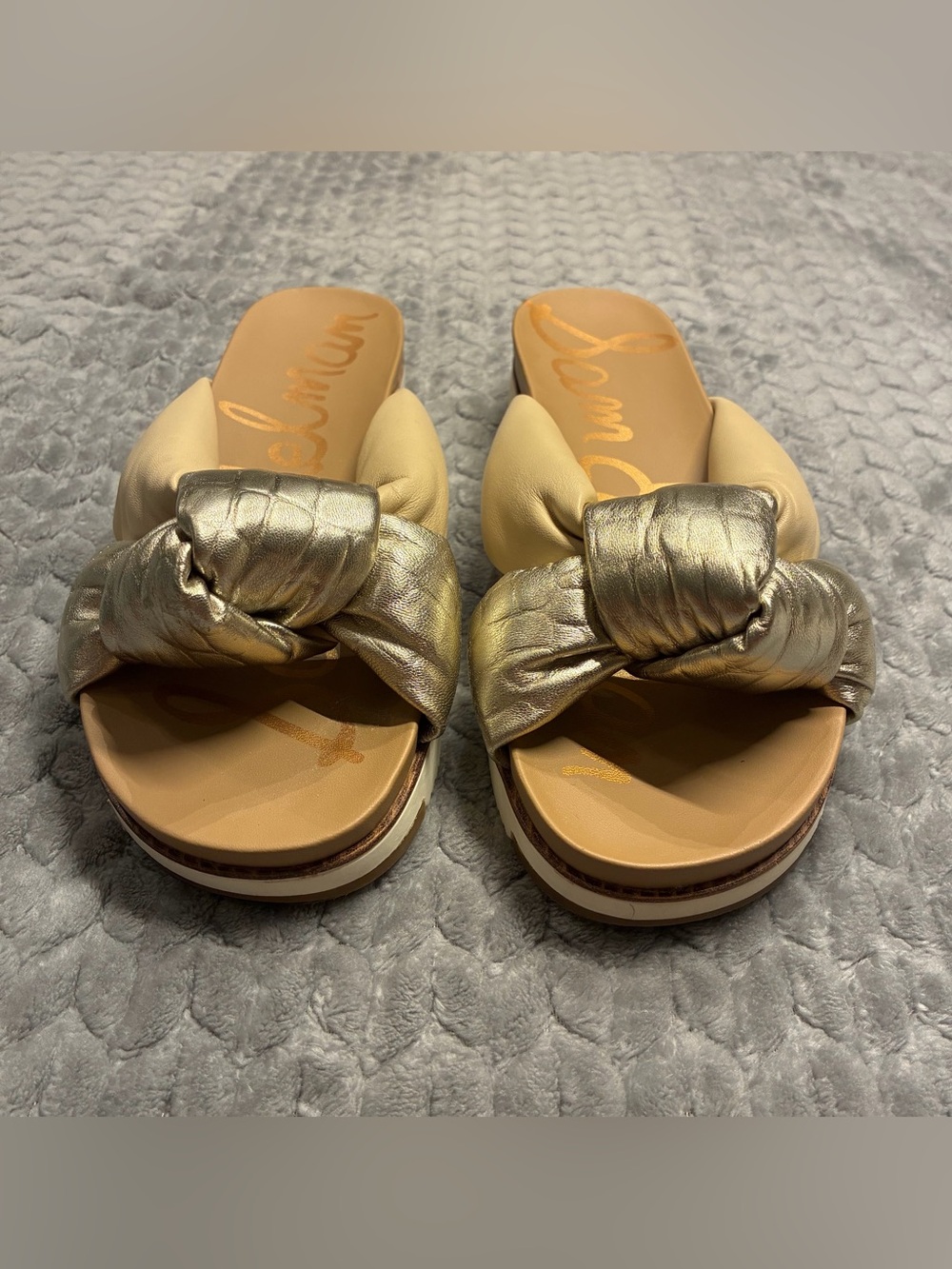 Sam Edelman Metallic Gold and Tan Knotted Slide Sandals